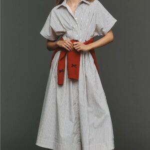 Anthropologie Striped White and Black Dress with Red Accent